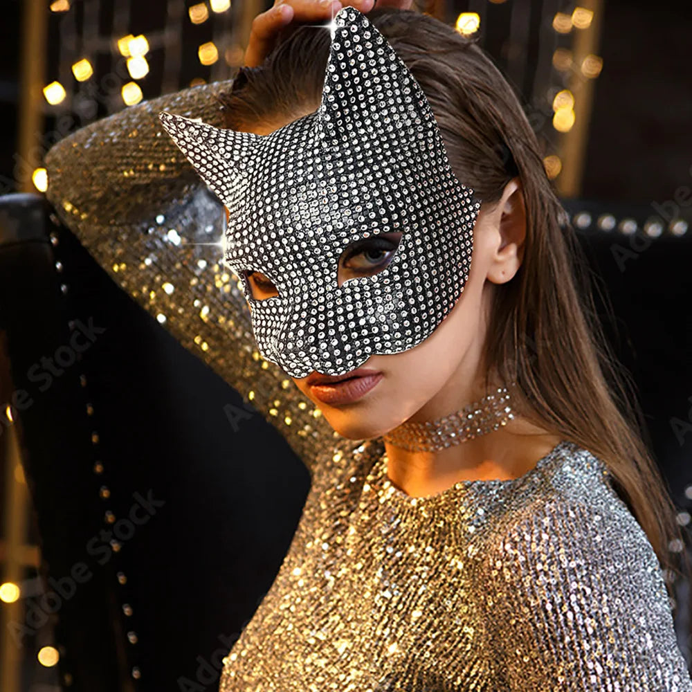 Shiny Rhinestones Cat Mask